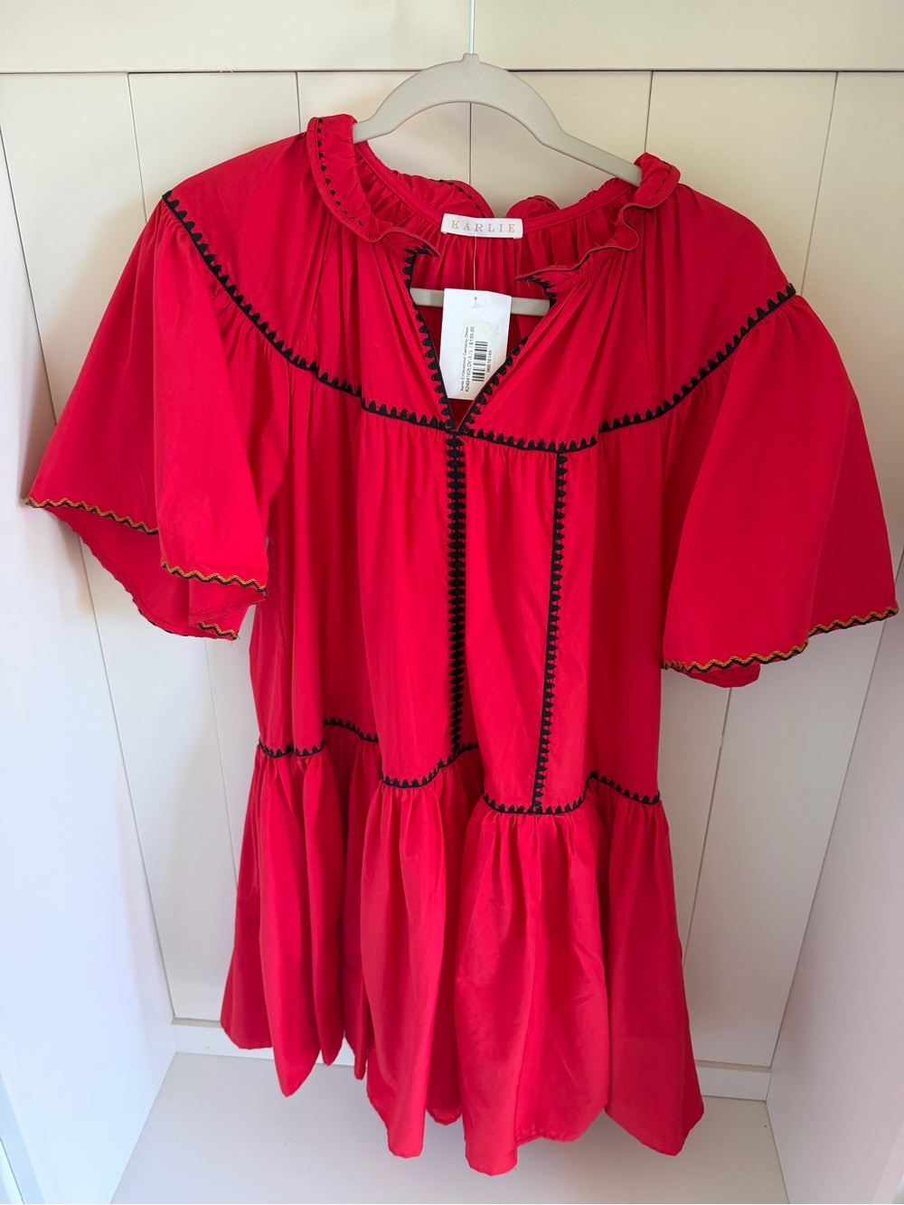 Karlie Bright Red Ruffle-Trim Peasant Dress